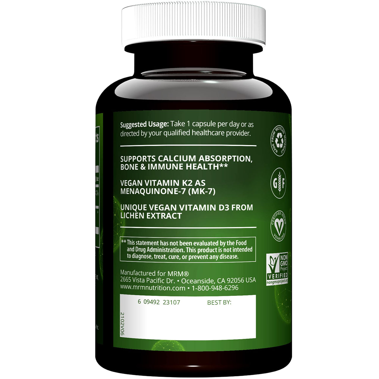 MRM Nutrition Vegan Vitamin D3 & K2 - For Women & Men - Plant‑Based D3 from Lichens with MK‑7 Vitamin K2, Vegan Calcium Absorption Support for Bone & Immune Health, Certified Non‑GMO - 60 Servings