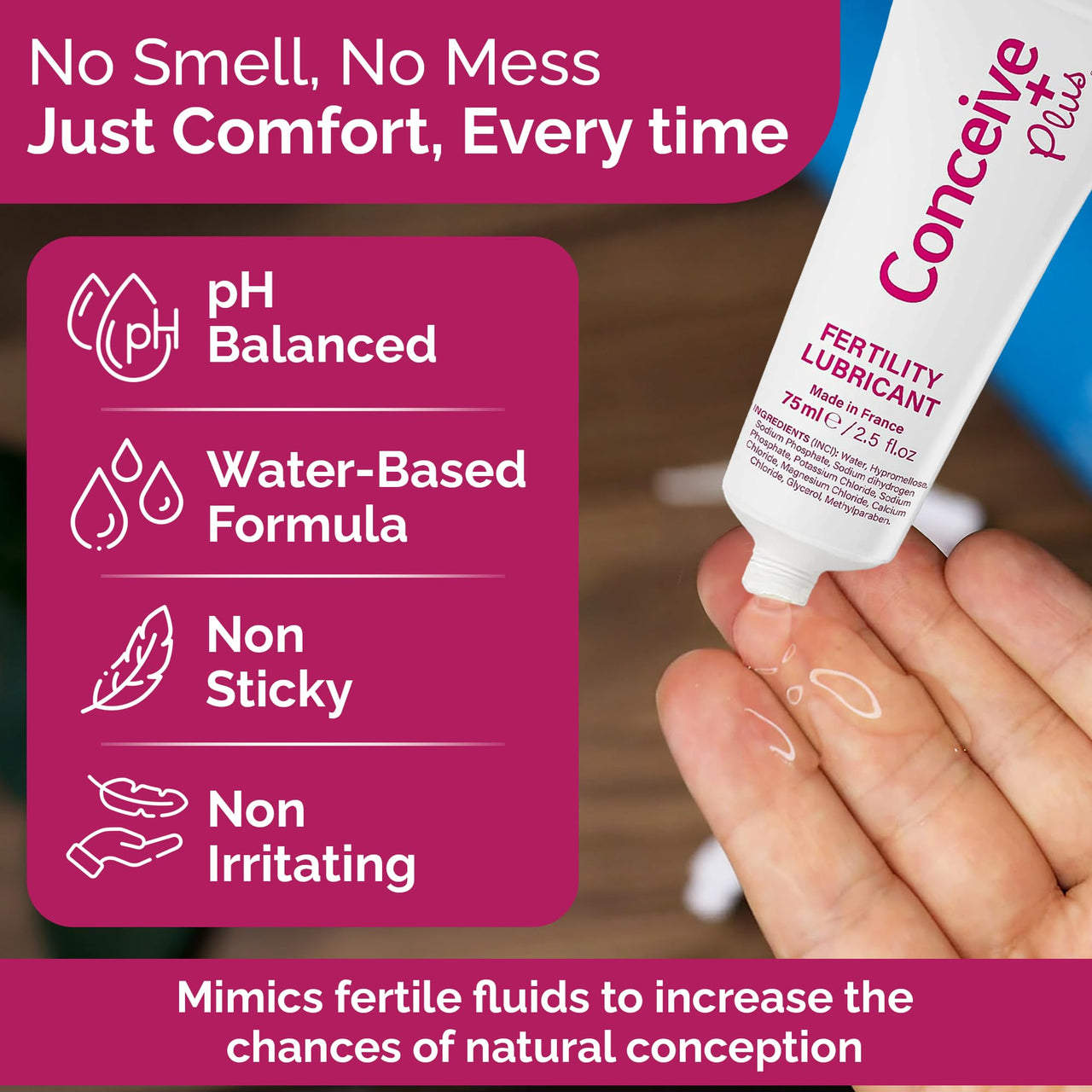 Conceive Plus Fertility Lubricant for TTC Couples – pH Balanced, Sperm Friendly Gel with Magnesium and Calcium – Water Based Fertility Lube – 2.5 oz Tube