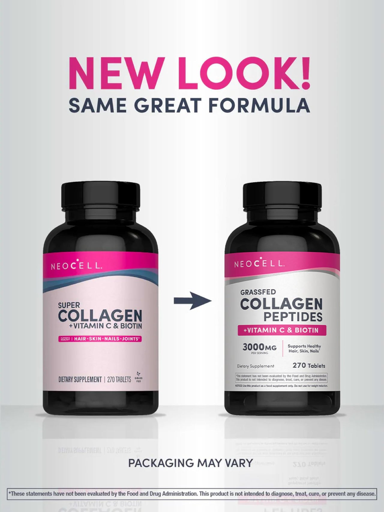 NeoCell Collagen Peptides Pills | 270 Caplets | with Vitamin C and Biotin | Grass Fed Bovine | Hair, Skin, & Nails | for Women and Men