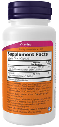 Thumbnail for NOW Supplements, Vitamin D-3 & K-2, 1,000 IU/45 mcg,Plus Cardiovascular Support*, Supports Bone Health*, 120 veg Capsules