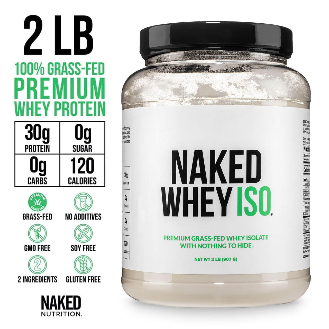 NAKED Whey Isolate Protein - Only 2 Ingredients, 30g Grass-Fed Protein, Zero Carb, Unflavored, Undenatured, Non-GMO, No Soy, Gluten-Free, No Preservatives - 28 Servings