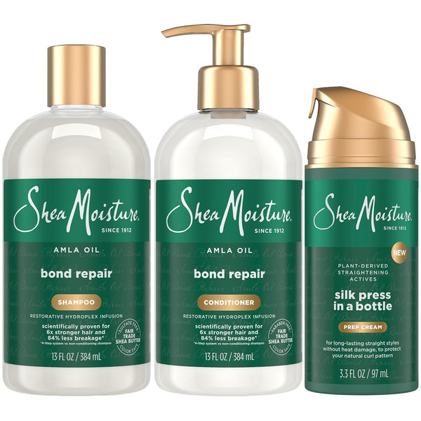 SheaMoisture Bond Repair Shampoo & Conditioner Set with Hair Strengthening Amla Oil + Prep Cream, Silk Press Hair Products for Frizz Control, Heat Protection, Anti-Humidity