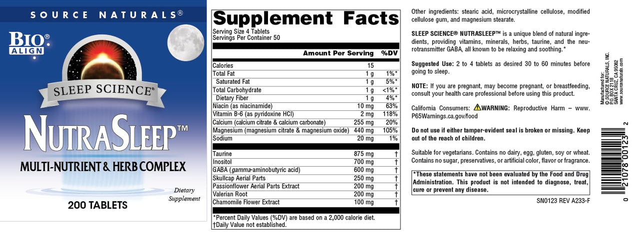 Source Naturals NutraSleep, Melatonin-Free Multi-Nutrient & Herb Complex, Vegetarian Formula for Relaxation Support - 200 Tablets
