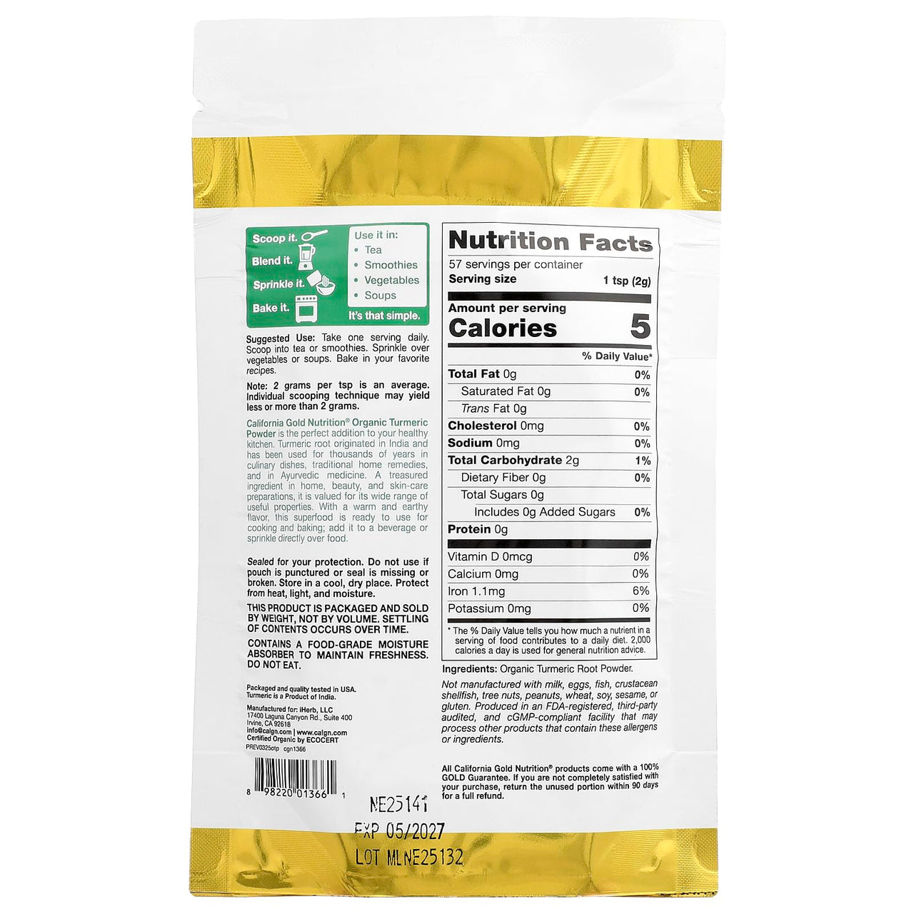 California Gold Nutrition Superfoods, Organic Turmeric Powder, 4 oz (114 g)
