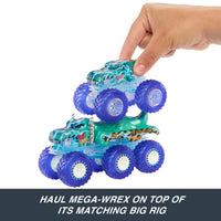 Thumbnail for Hot Wheels Monster Trucks Multipack, 1:64 Scale Mega-Wrex & Tiger Shark Toy Trucks with Big Rigs in Matching Power Smashers Deco