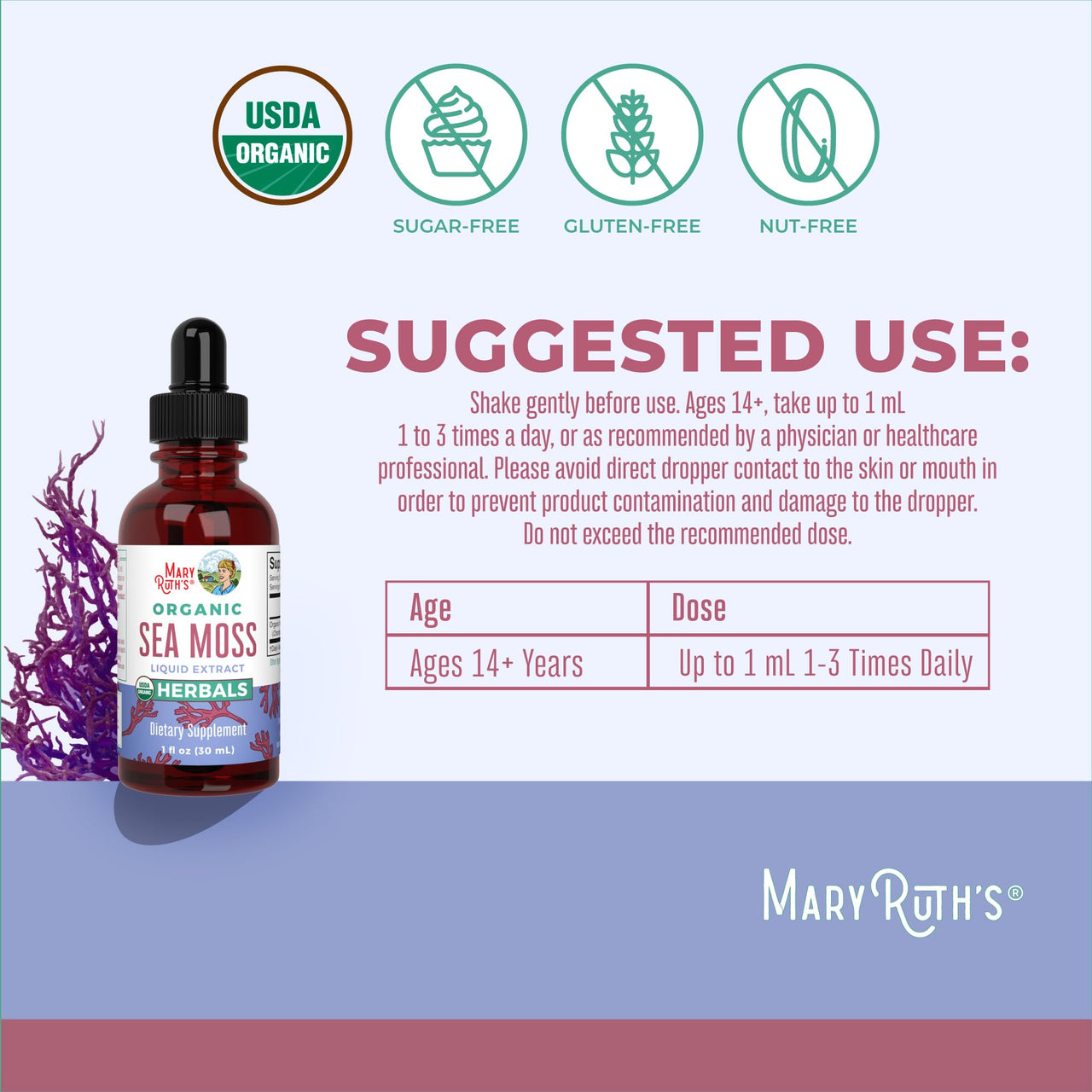 MaryRuth Organics Irish Sea Moss Liquid Drops | Chondrus Crispus | Wild Harvested | Organic Irish Moss Formulated for Adults & Kids Ages 14+ | Unflavored | Sugar Free | Vegan | Non-GMO | 1 Fl Oz