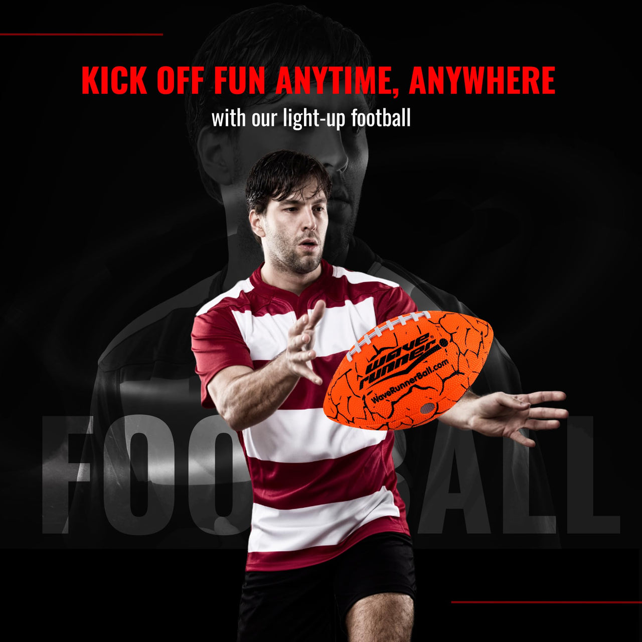 Wave Runner LED Light-Up Football - Glow in The Dark Football Games- Size 10.35 in. with Pump and Batteries Included | Great for Adults, Teens, Football Fans & Players (Orange W/Cracks)