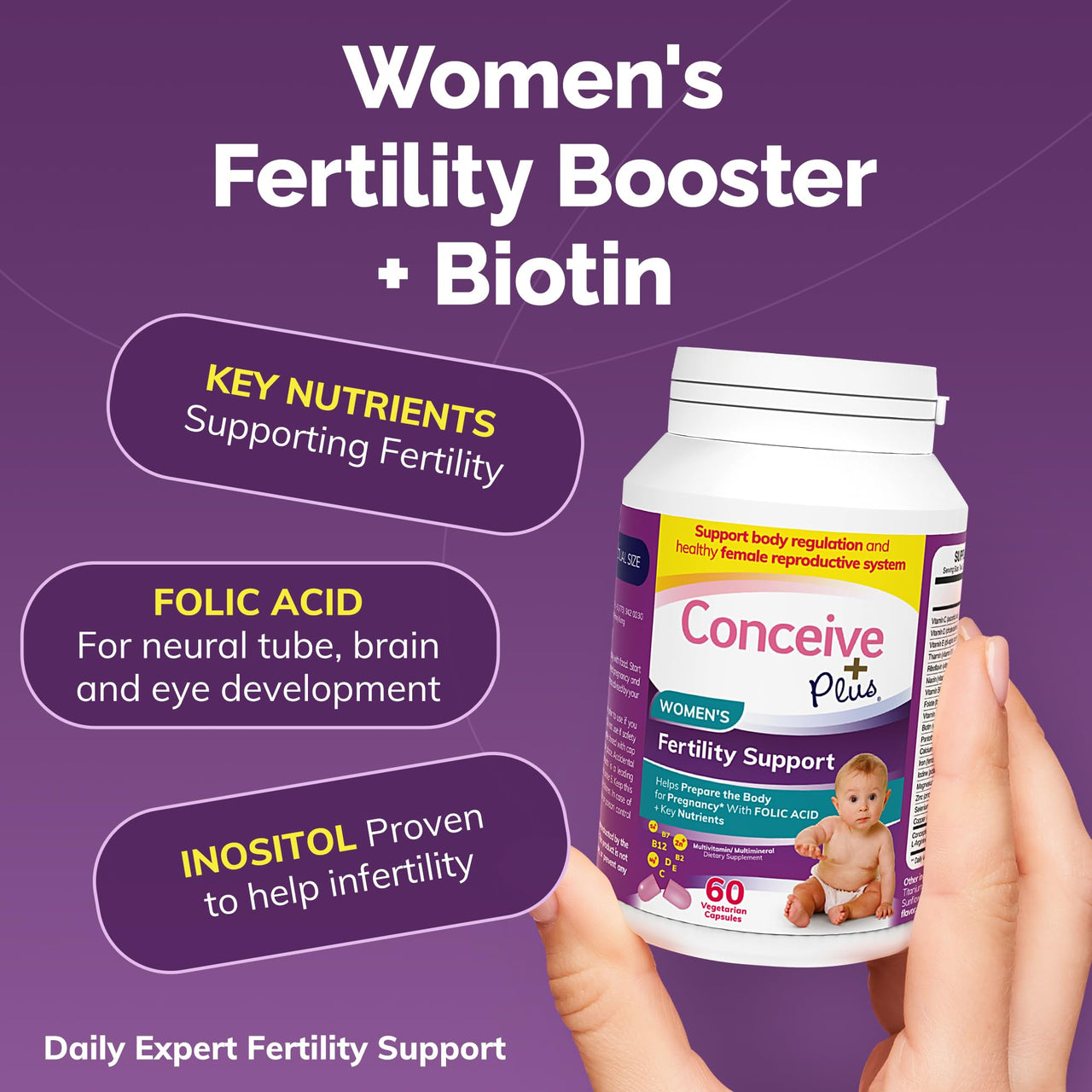 CONCEIVE PLUS Women's Fertility Support: Conception Fertility Supplement for Her, Aids Hormonal Balance, Folic Acid, B1 B2 B3 B6 B12, Zinc, Biotin, Non-GMO, Vegan Prenatal Vitamin, 30 Days