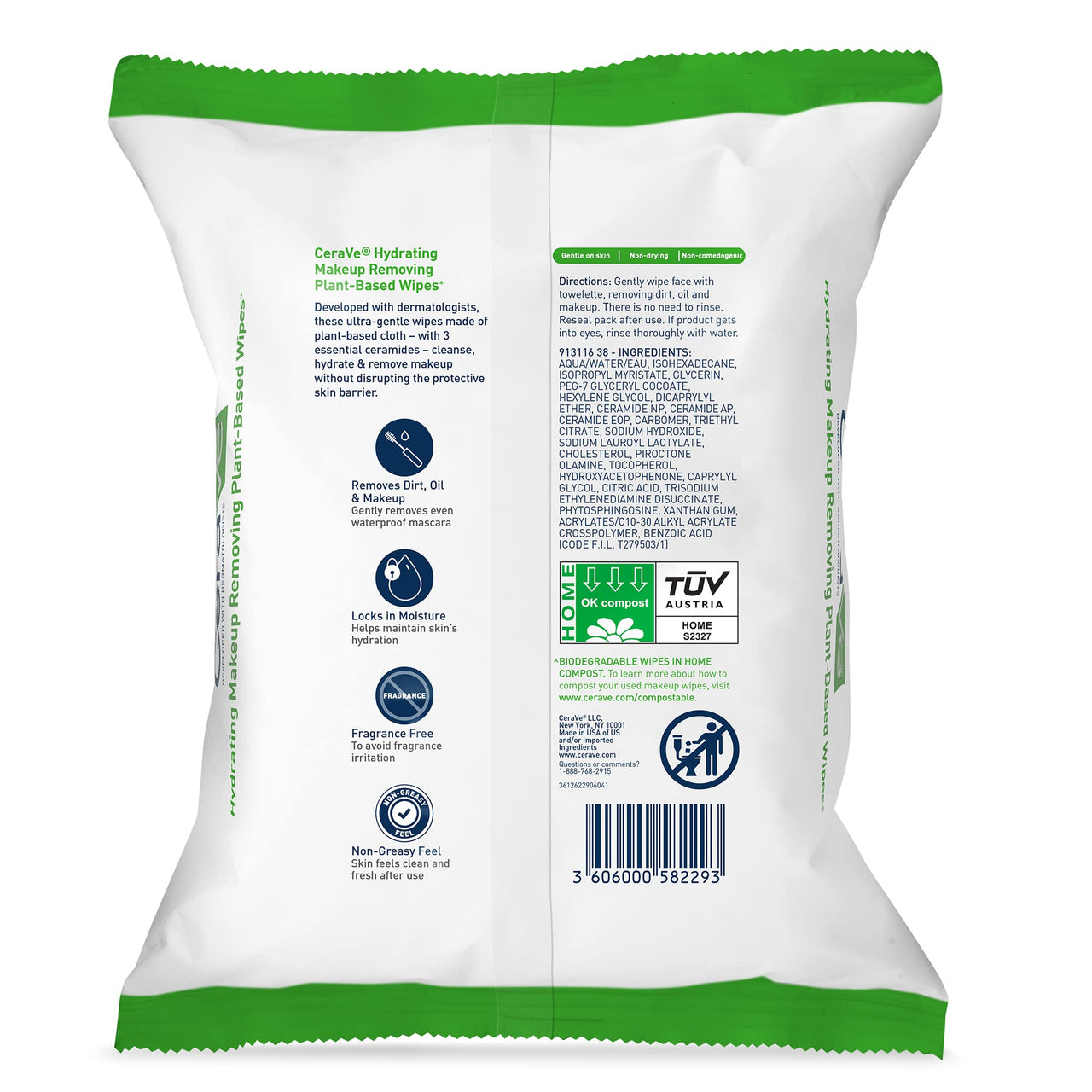 CeraVe Hydrating Facial Cleansing Makeup Remover Wipes, Plant Based Face Wipes, Biodegradable in Home Compost, Face Wash Cloth, Suitable for Sensitive Skin, Fragrance-free Non-comedogenic, 25 Count