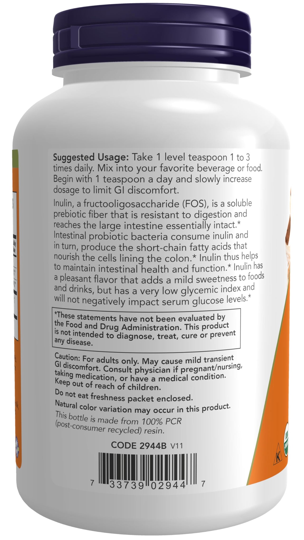 NOW Foods Supplements, Inulin Prebiotic Pure Powder, Certified Organic, Non-GMO Project Verified, Intestinal Support*, 8-Ounce