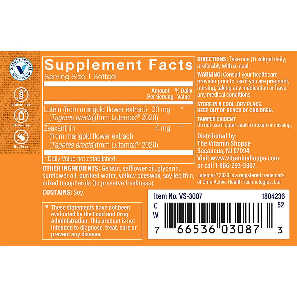 The Vitamin Shoppe Lutein 20 MG - Eye Health, Vision Support & Blue Light Protection, Carotenoid Antioxidant (60 Softgels)