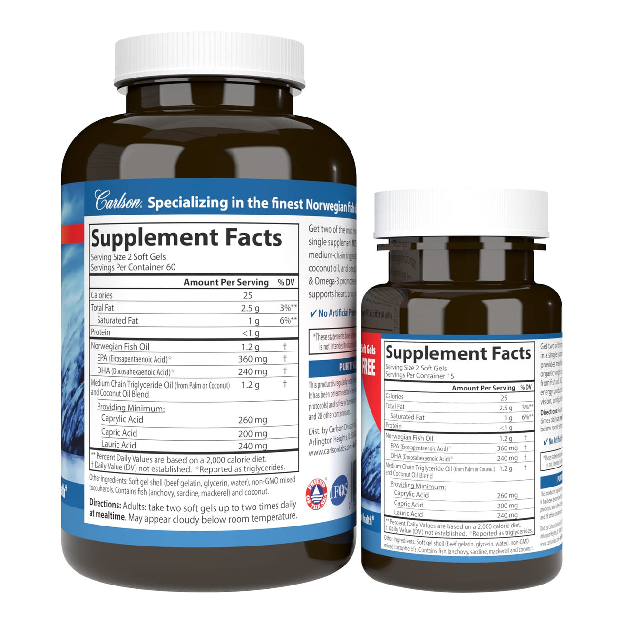 Carlson - MCT & Omega-3, Coconut Oil, Caprylic & Capric Acids, EPA & DHA, Energy Production, Fat Metabolism & Brain Health, 120+30 Softgels