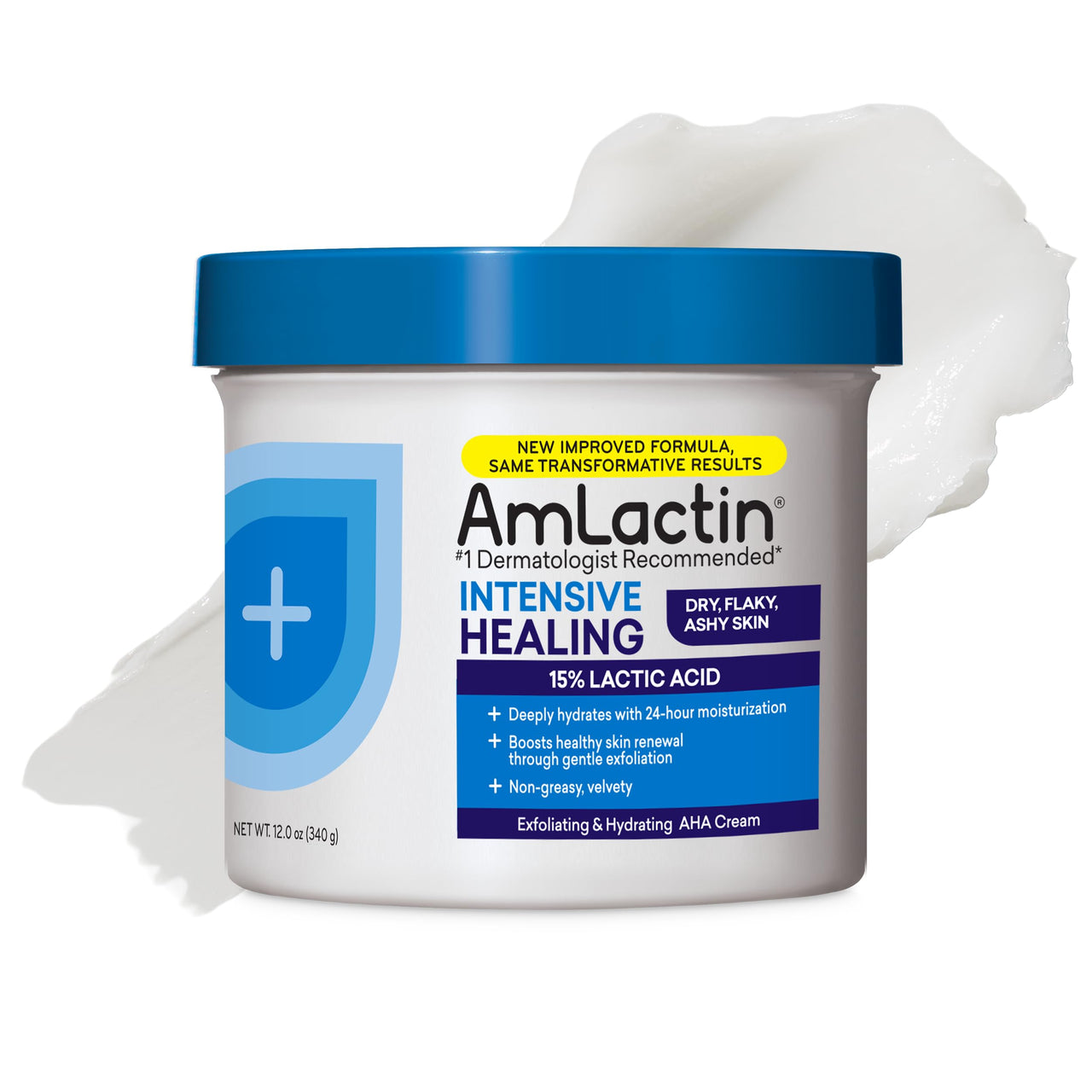 AmLactin Intensive Healing - Therapeutic Body Cream for Extremely Dry Skin - No-Scrub Exfoliator and Moisturizer with 15% Lactic Acid AHA and Ceramides, 12 oz (Packaging May Vary)