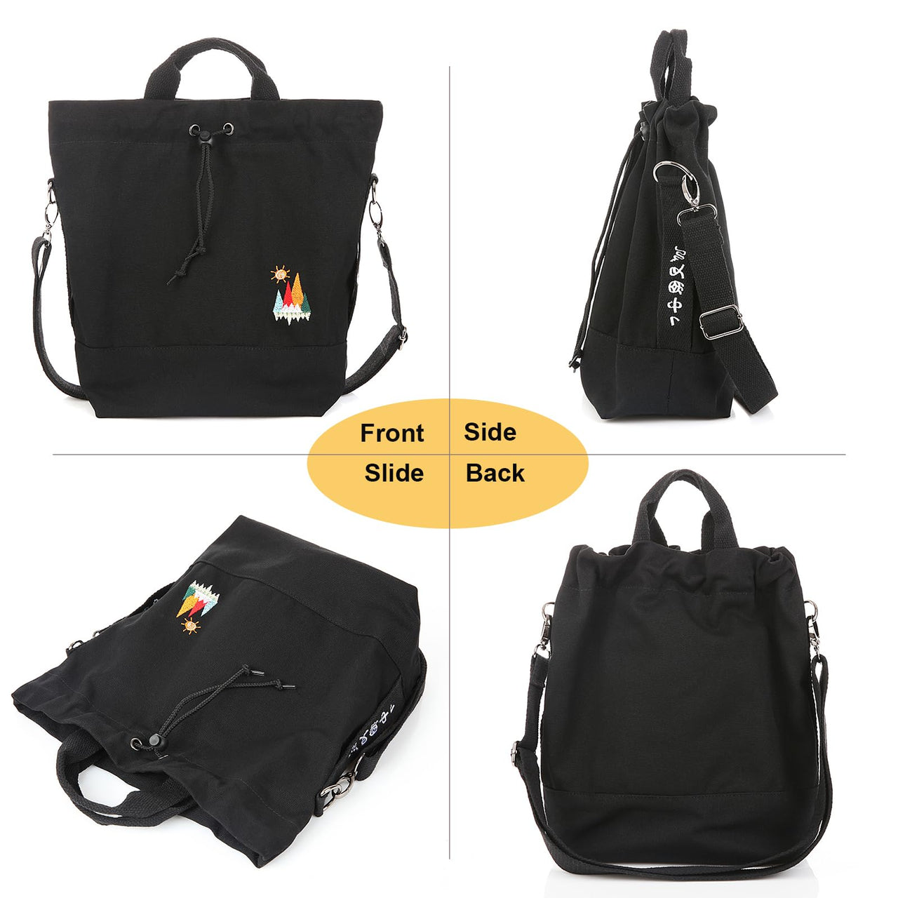 Women Canvas Tote Handbags Casual Shoulder Work Bag Crossbody Bag with Sunshine Embroidery (Black)