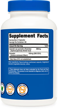 Thumbnail for Nutricost Quercetin with Bromelain, 880mg Quercetin + 165mg Bromelain Per Serving, 120 Capsules, 60 Servings (2 Caps Per Serving) - Vegetarian, Non-GMO & Gluten Free
