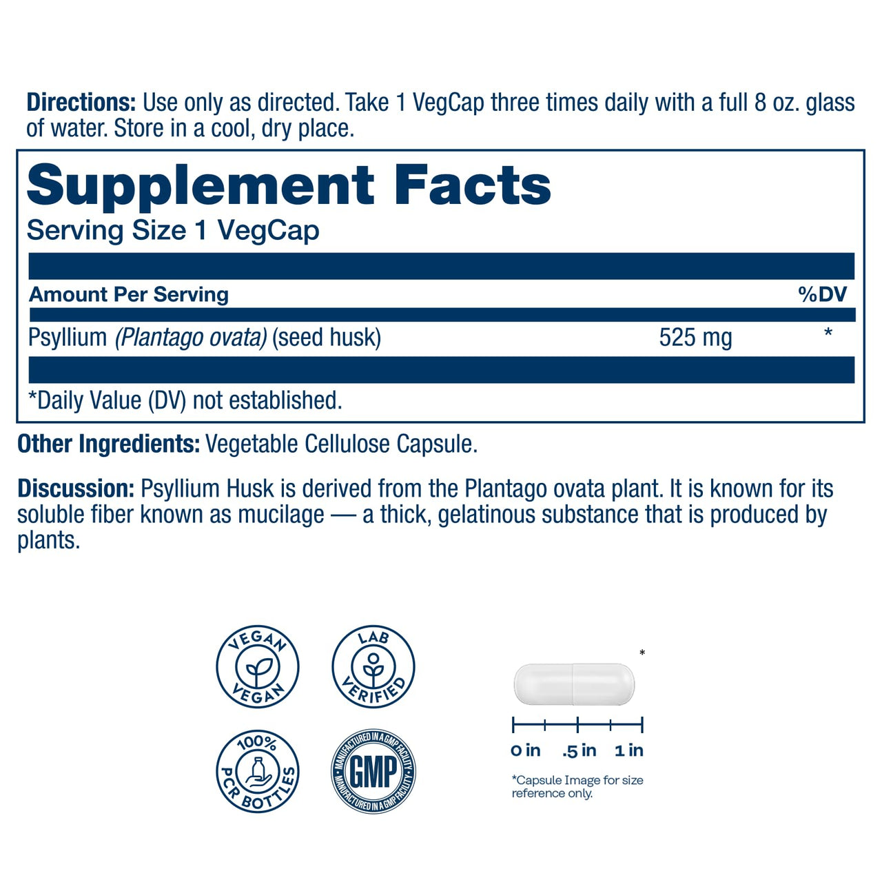 SOLARAY Psyllium Husk Capsules â€“ 525 mg Prebiotic and Soluble Fiber Supplement for Overall Daily Wellness Support â€“ Vegan, Lab Verified â€“ 100 Servings, 100 VegCaps