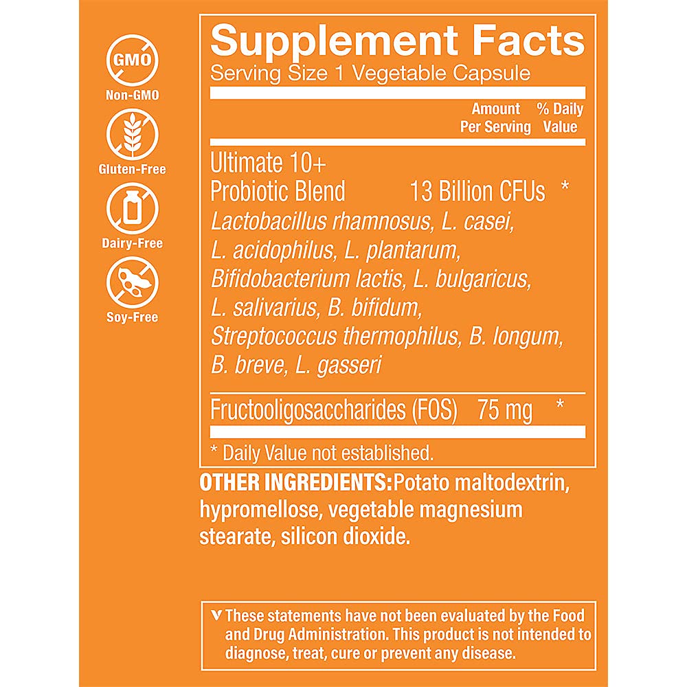 The Vitamin Shoppe Brand Ultimate 10+ Probiotics 13 Billion CFUs, Digestive & Immune Support, Multi-Strain Probiotic Supplement for Men & Women, Gluten Free, Non GMO, Vegetarian, 100 Capsules
