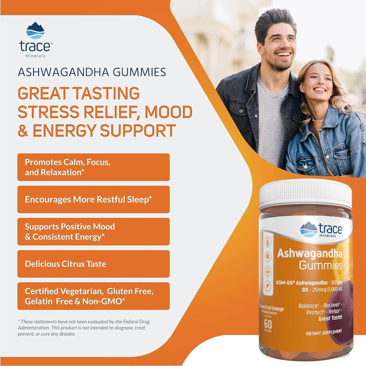 Trace Minerals Ashwagandha - Ashwagandha Gummies for Supporting A Healthy Mindset - Calming Supplement - Better Sleep - Immune System & Energy Support - Passion Fruit Orange - 60 Count (30 Servings)