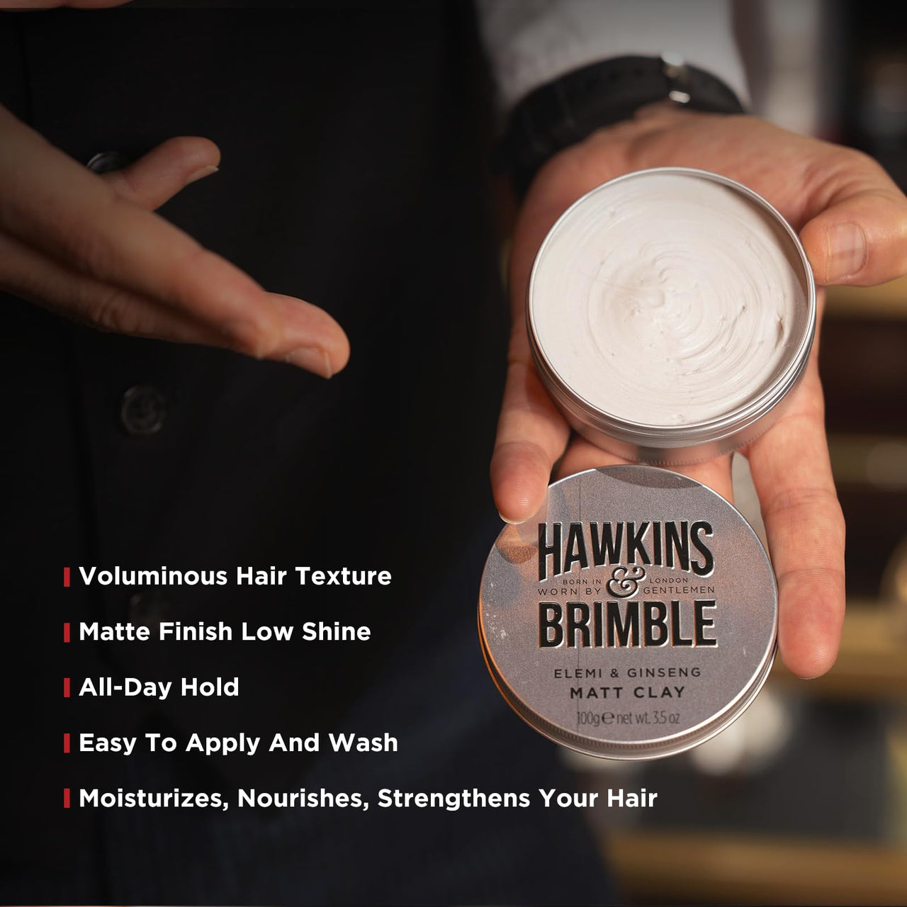 Hawkins & Brimble - Matt Clay Mens Hair Styling, 100ml - Non Greasy Matte Clay for Light, Medium and Strong Hold - Elemi and Ginseng Softens Repairs Allows for Restyling - Ideal for Dry and Damp Hair