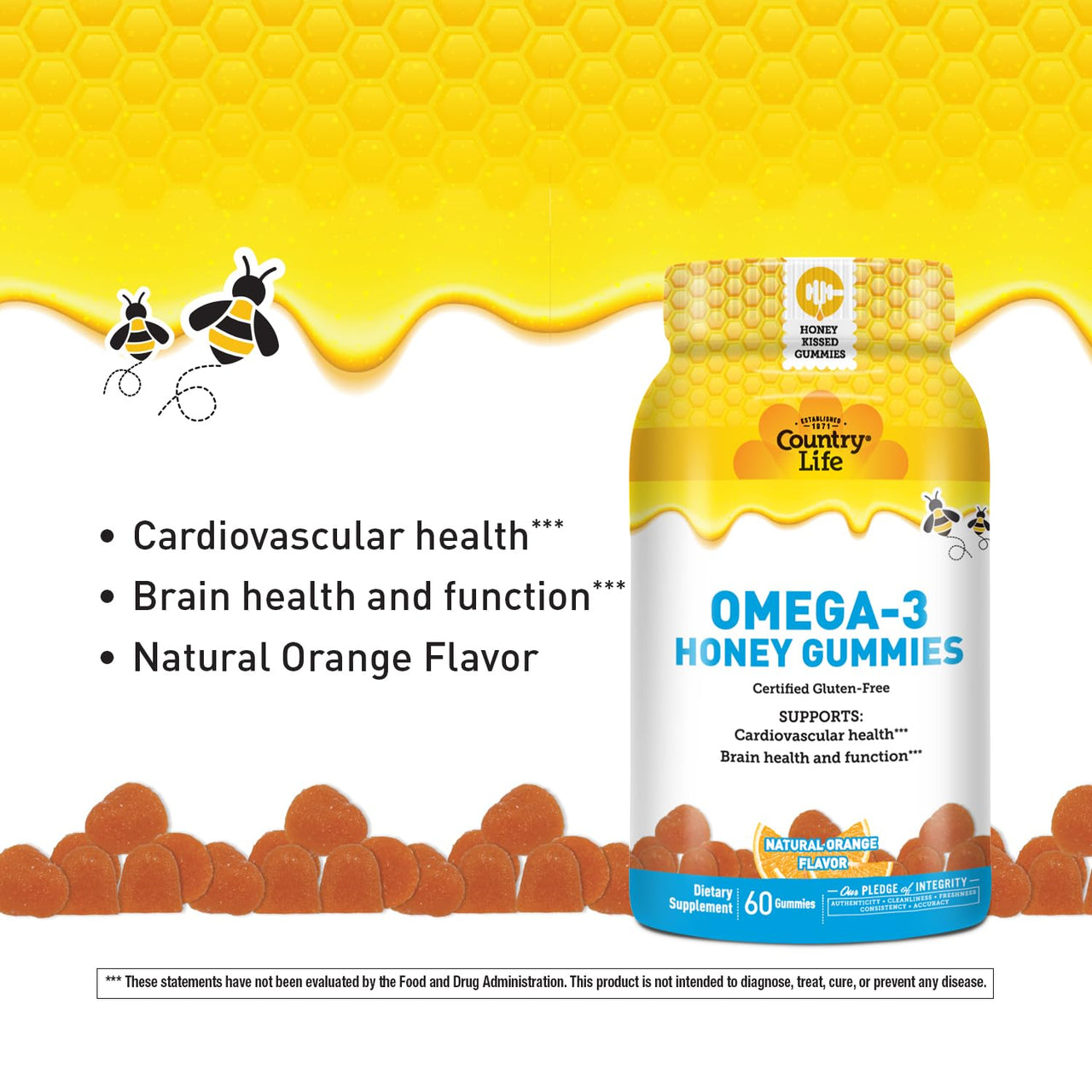Country Life Omega-3 Honey Gummies – Cardiovascular & Brain Health Support – Non-GMO, Certified Gluten Free – Naturally Sweetened – 60 Gummies