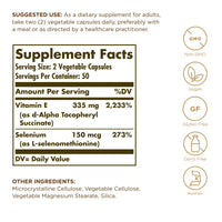 Thumbnail for Solgar Dry Vitamin E with Yeast-Free Selenium - 100 Vegetable Capsules - Advanced Antioxidant Support - Non-GMO, Vegan, Gluten Free, Dairy Free, Kosher - 50 Servings