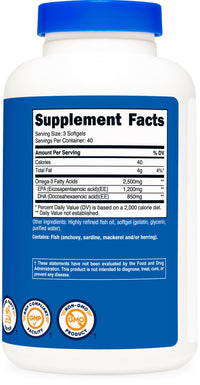 Thumbnail for Nutricost Omega 3 Fish Oil - 2500MG, 120 Softgels (40 Serv) - Fish Oil, Wild Caught! 1200mg EPA 850mg DHA - Non-GMO, Gluten Free