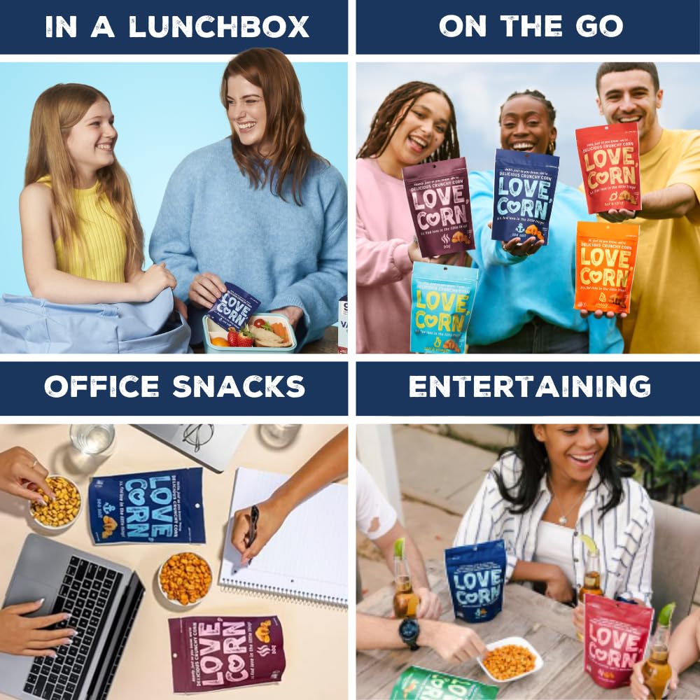LOVE CORN Family Favorite Sea Salt, BBQ, Salt & Vinegar, Cheddar | Delicious Crunchy Corn Snacks | .07oz x 20 Gluten Free, Vegan Bags | Convenient for Lunch Boxes, Commuting & Office Snacks