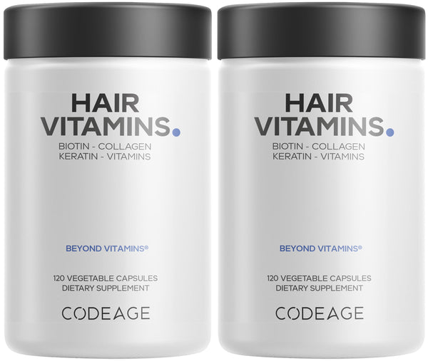Codeage Hair Vitamins 10000 mcg Biotin, Keratin, Collagen, Vitamin A, B12, C, D3, E, Zinc, Turmeric, Probiotics, Enzymes, Inositol - Hair Care Support - Healthy Hair Supplement Pills - 2 Pack