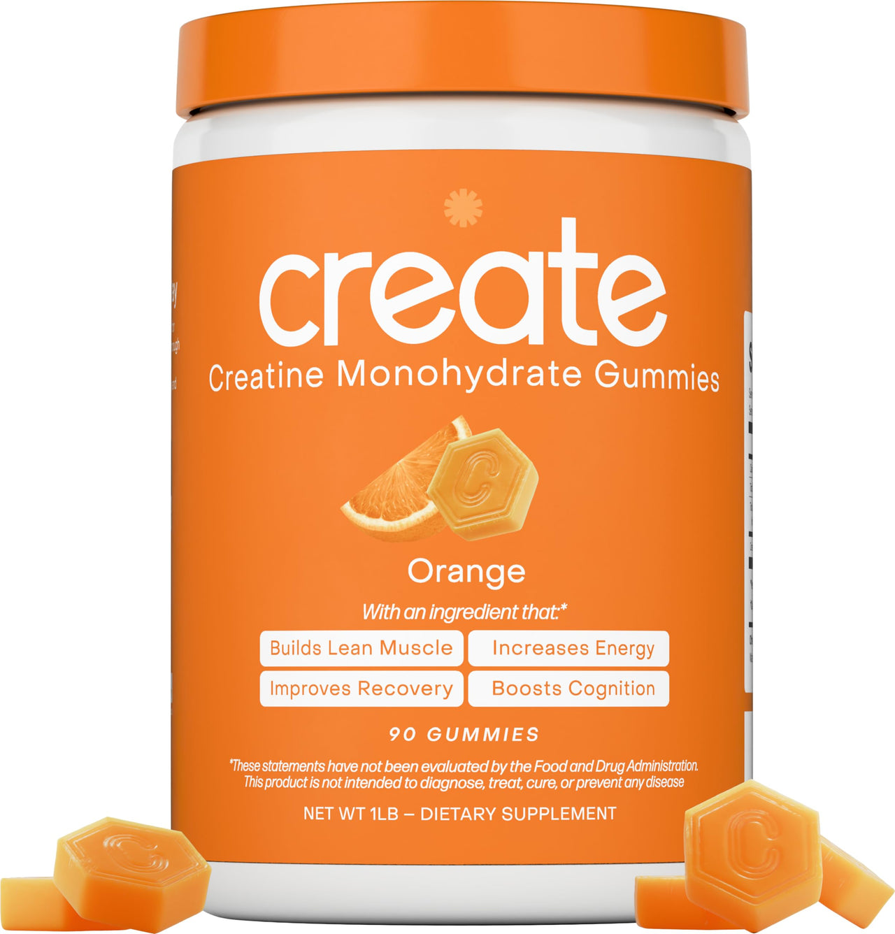 Create Creatine Monohydrate Gummies for Men & Women, Boost Focus, Strength, and Endurance, Anti-Melting Formula, Vegan, Gluten-Free, Non-GMO, 1.5g of Creatine per Gummy (Orange)