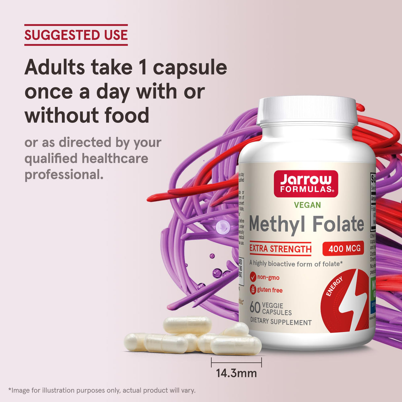 Jarrow Formulas Extra Strength Methyl Folate 400 mcg, Dietary Supplement for Cardiovascular and Neurologic Health Support, 60 Veggie Capsules, 60 Day Supply