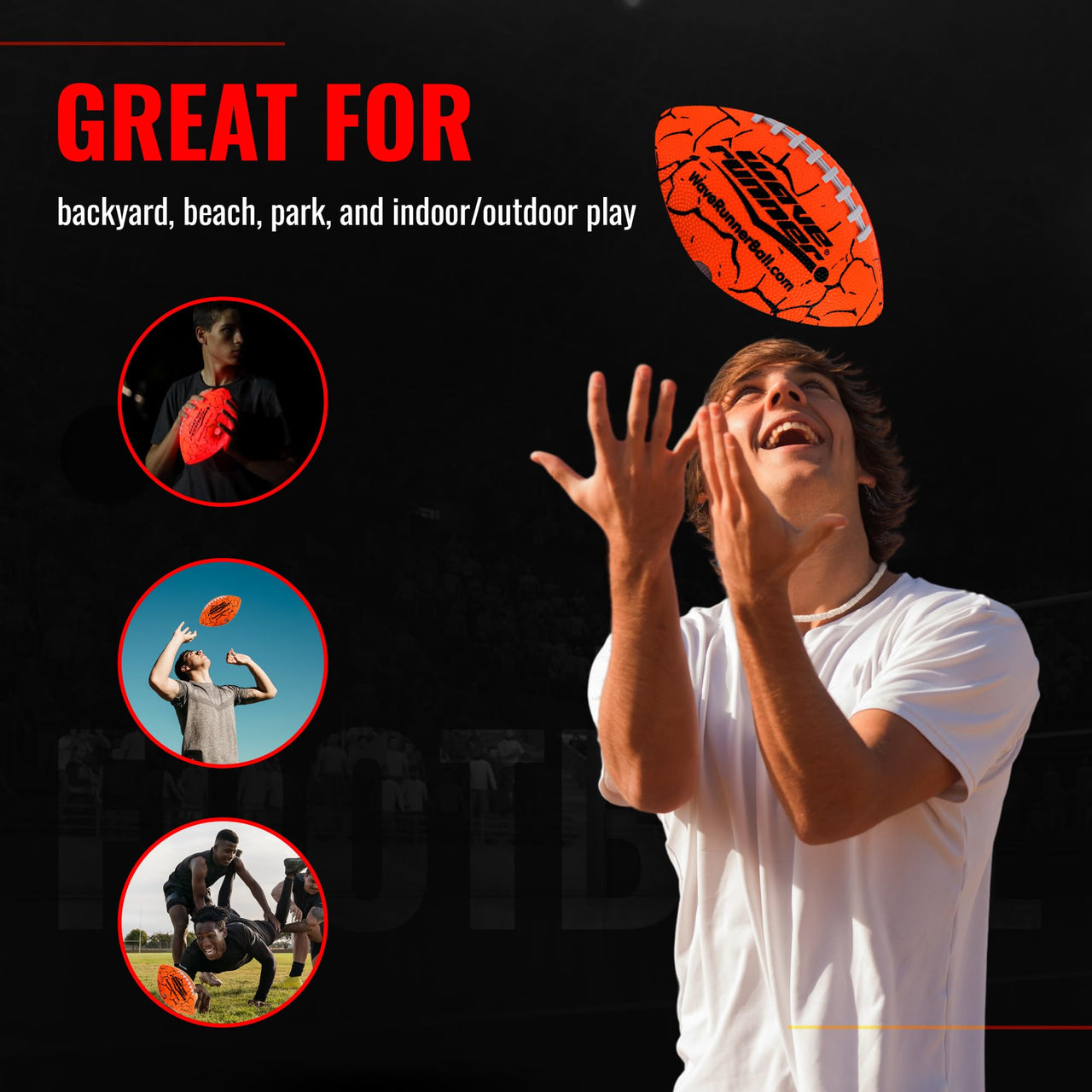 Wave Runner LED Light-Up Football - Glow in The Dark Football Games- Size 10.35 in. with Pump and Batteries Included | Great for Adults, Teens, Football Fans & Players (Orange W/Cracks)