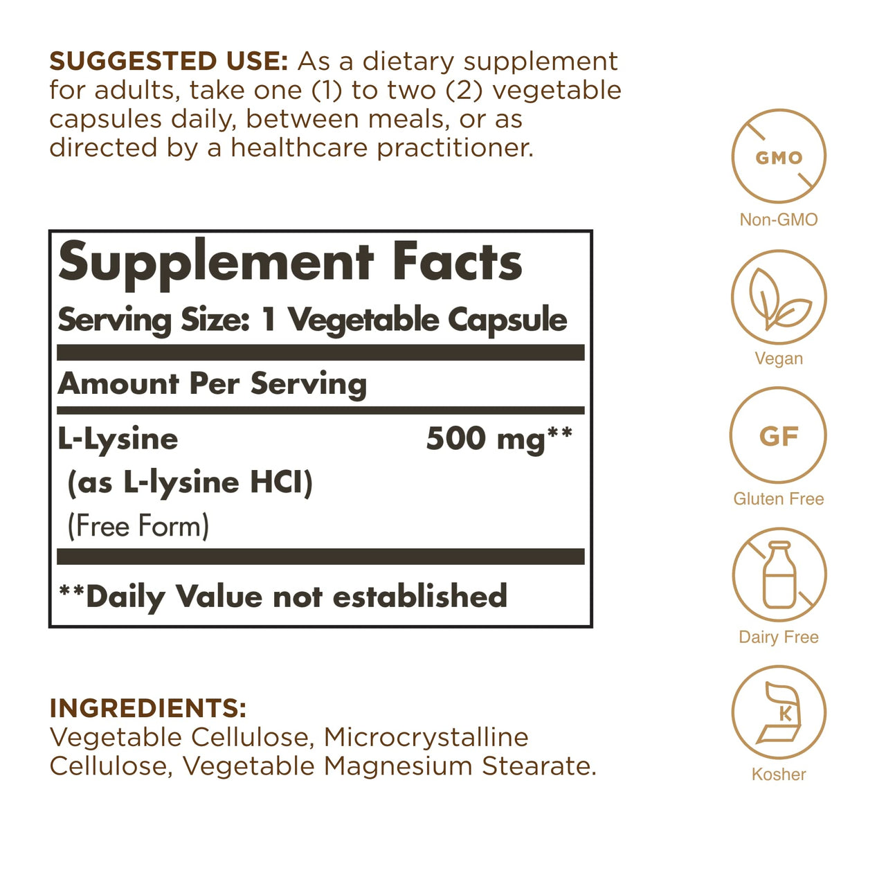 Solgar - L-Lysine 500 mg Vegetable Capsules Count