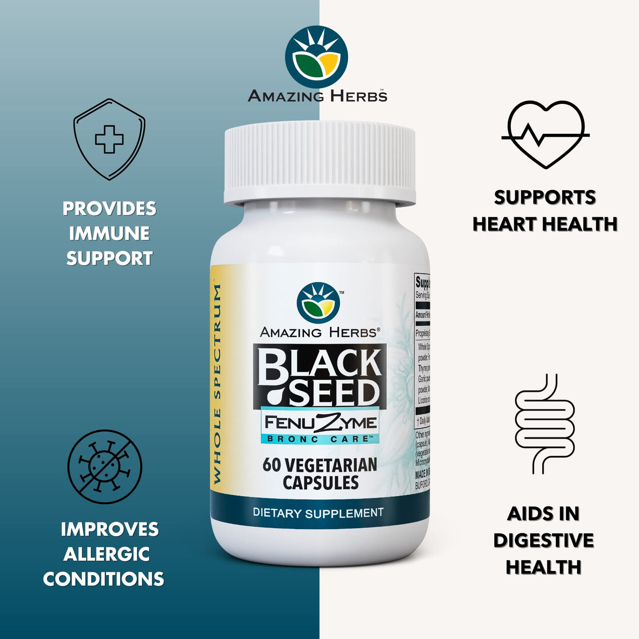 Amazing Herbs Black Seed Fenuzume Bronc-Care, Vegetarian Capsules - Gluten-Free, Non-GMO, Vegan, Enhances Immune Response, Improves Allergic Conditions & General Well-Being - 60 Count