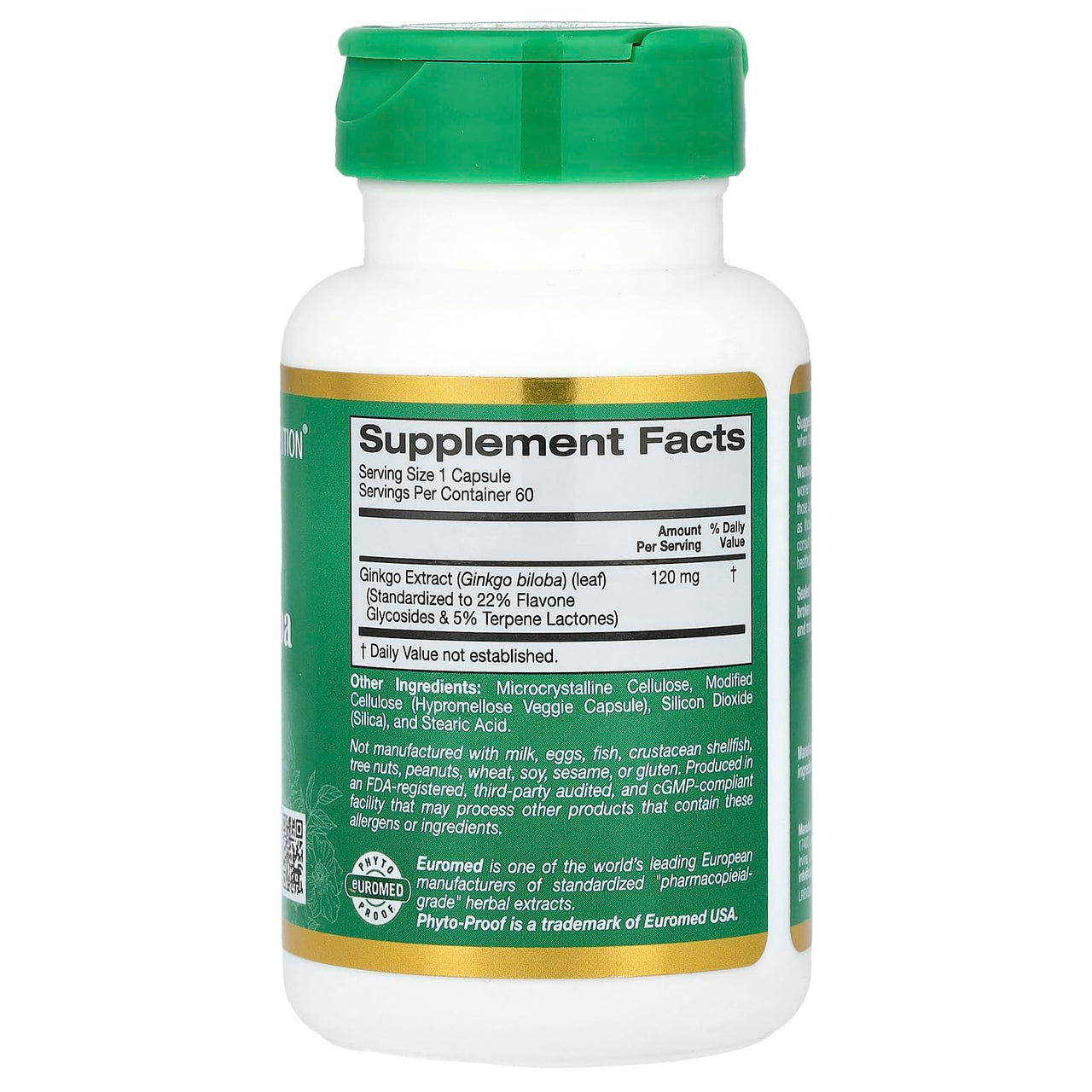California Gold Nutrition EuroHerbs™, Ginkgo Biloba Extract, Euromed Quality, 120 mg, 60 Veggie Capsules