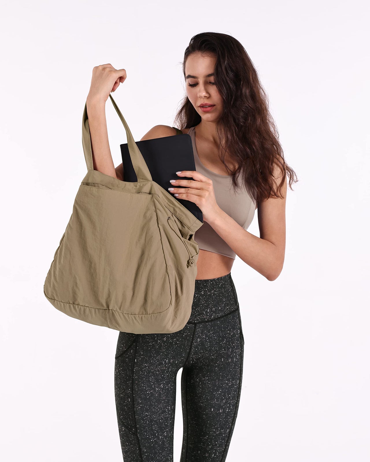 ODODOS 18L Side-Cinch Shopper Bags Lightweight Shoulder Bag Tote Handbag for Shopping Workout Beach Travel, Brown