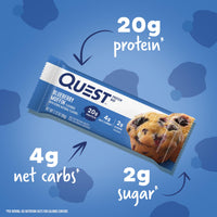 Thumbnail for Quest Nutrition Blueberry Muffin Protein Bars, 20g Protein, 2g Sugar, 5g Net Carb, Gluten Free, Keto Friendly, 12 Count