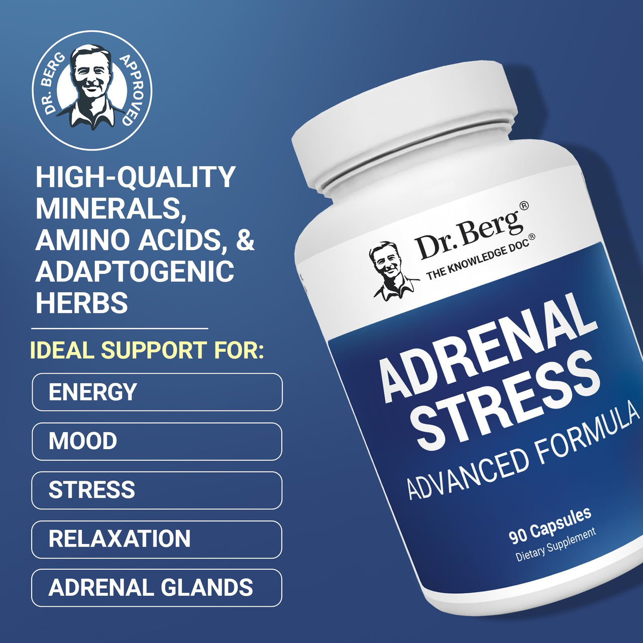 Dr. Berg’s Adrenal Stress Advanced Formula - Adrenal Support Supplements for Stress, Mood and Energy Support - Adrenal Supplements - Cortisol Manager with Ashwagandha - 90 Capsules