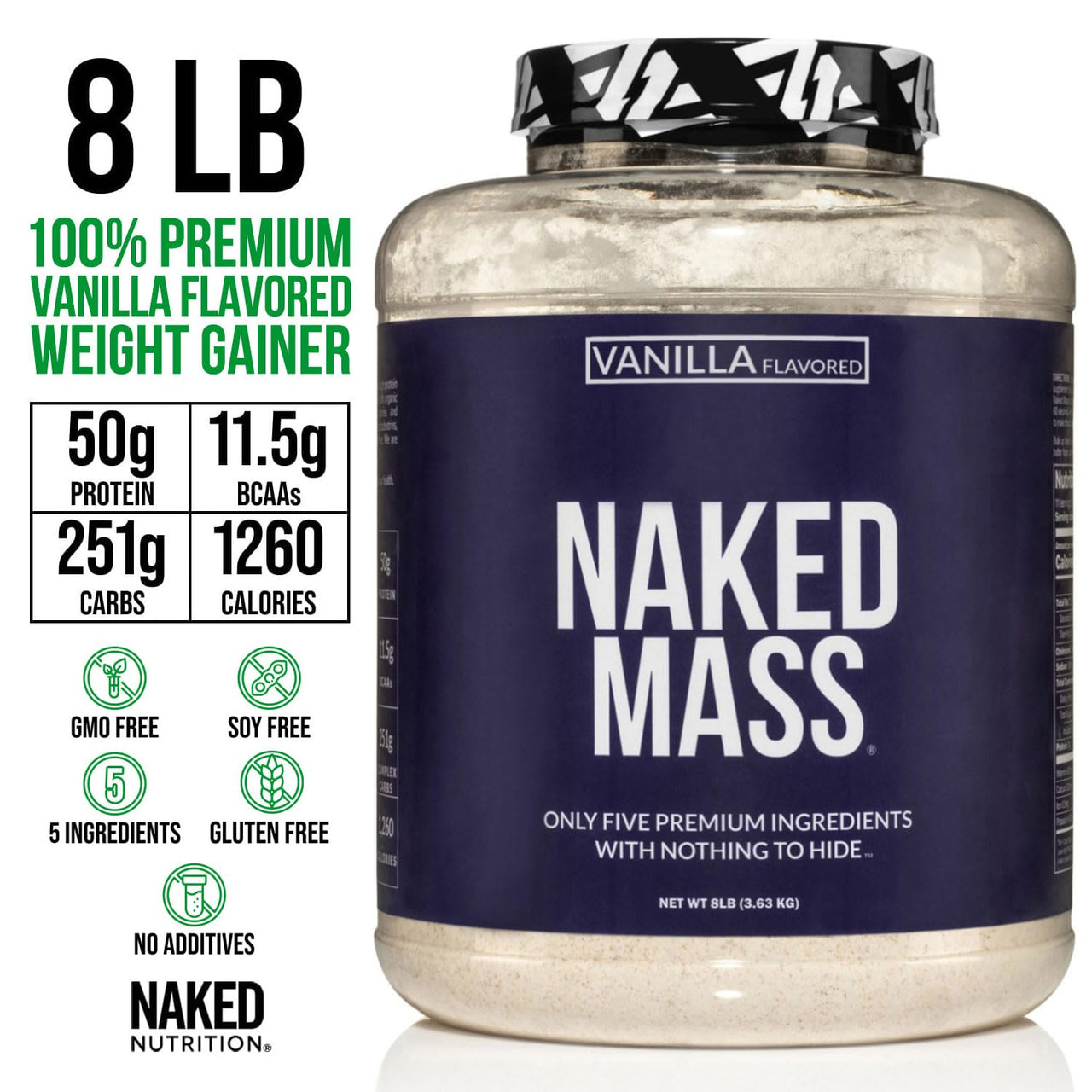 NAKED Vanilla Mass Gainer (8LB Bulk) Creatine Monohydrate 500g (100 Servings) – Non-GMO; Gluten Free; Soy Free; No Fillers; Strength Support