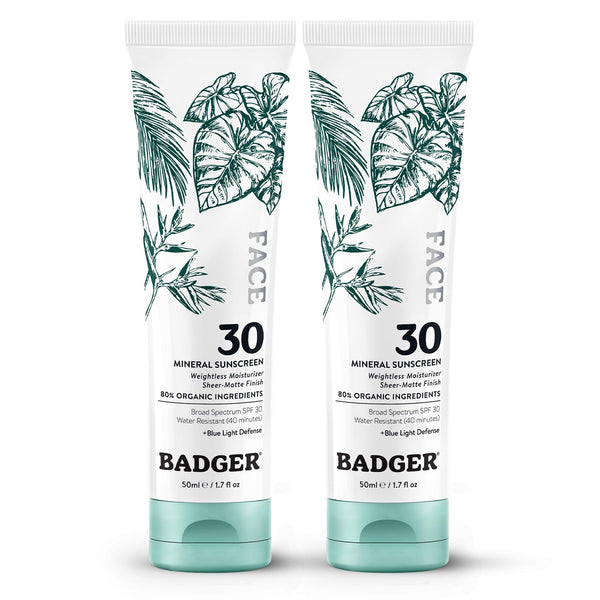 Badger Zinc Oxide Face Sunscreen SPF 30, Lightweight Mineral Sunscreen for Face, Matte Finish, No White Cast, Vegan, Water Resistant, Unscented, Mineral Sunblock Facial Lotion, 1.7 fl oz, 2-Pack