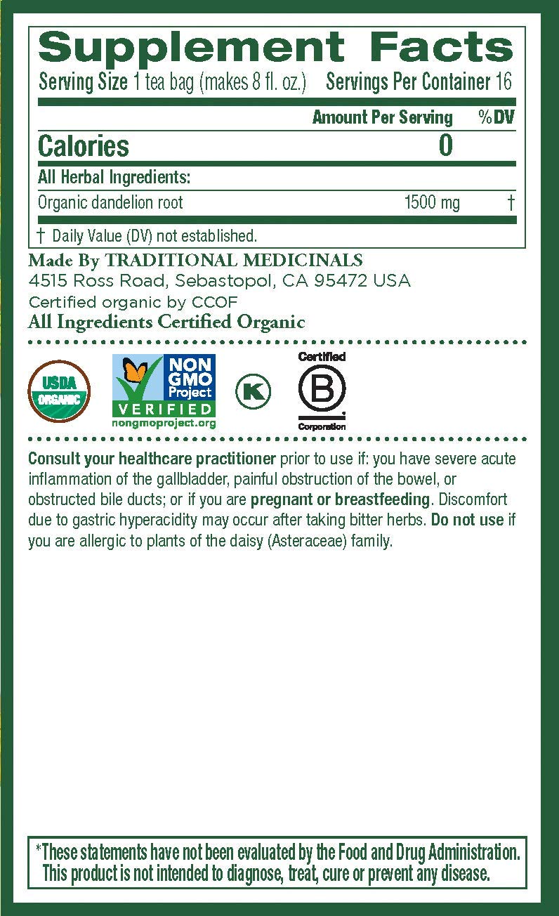 TRADITIONAL MEDICINALS Organic Roasted Dandelion Root, 16 Count (2 Pack)