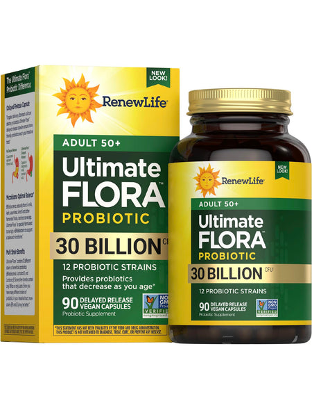 Renew Life Probiotic Adult 50 Plus Probiotic Capsules, Daily Supplement Supports Urinary, Digestive and Immune Health, L. Rhamnosus GG, Dairy, Soy and gluten-free, 30 Billion CFU, 90 Count