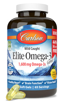 Thumbnail for Carlson - Elite Omega-3 Gems, 1600 mg Omega-3 Fatty Acids Including EPA and DHA, Norwegian, Wild-Caught Fish Oil Supplement, Sustainably Sourced Omega 3 Fish Oil Capsules, Lemon, 130 Softgels