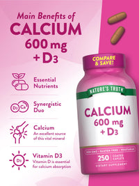 Thumbnail for Nature's Truth Calcium 600mg with Vitamin D3 | 250 Caplets | Calcium Carbonate | Vegetarian, Non-GMO & Gluten Free Supplement