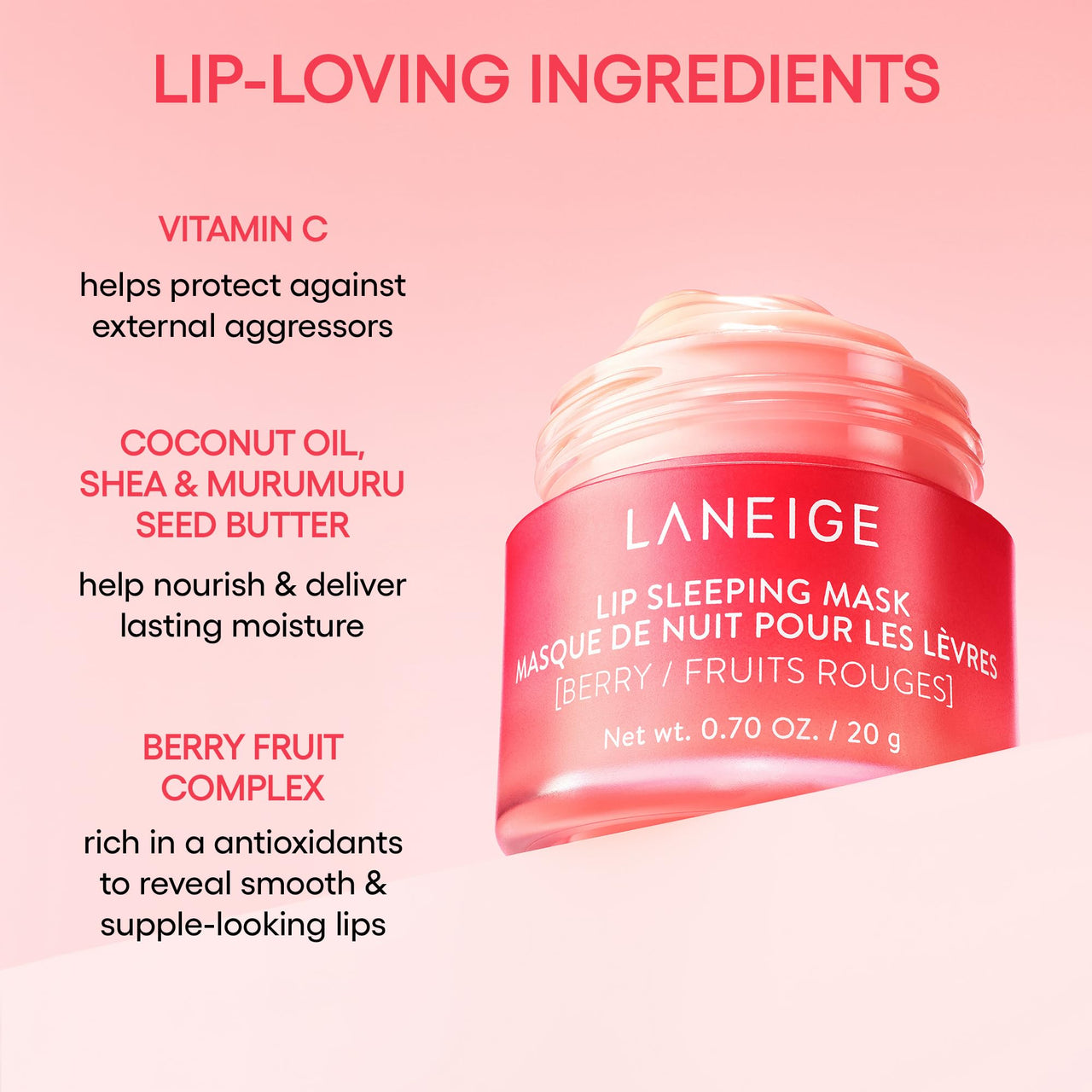 LANEIGE Lip Sleeping Mask, Grapefruit: Nourishing Overnight Lip Treatment with Vitamin C, Shea & Murumuru Butter for Hydrating Dry, Flaky Lips