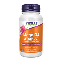 Thumbnail for NOW Supplements, Mega D-3 & MK-7, 5000 IU / 180 mcg, Bone & Cardiovascular Support*, Vitamins K-3 & K-2, 120 Capsules