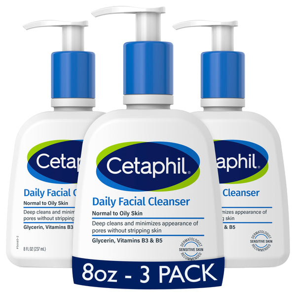 Cetaphil Face Wash, Daily Facial Cleanser for Sensitive, Combination to Oily Skin, 8 oz 3 Pack, Gentle Foaming, Soap Free, Hypoallergenic