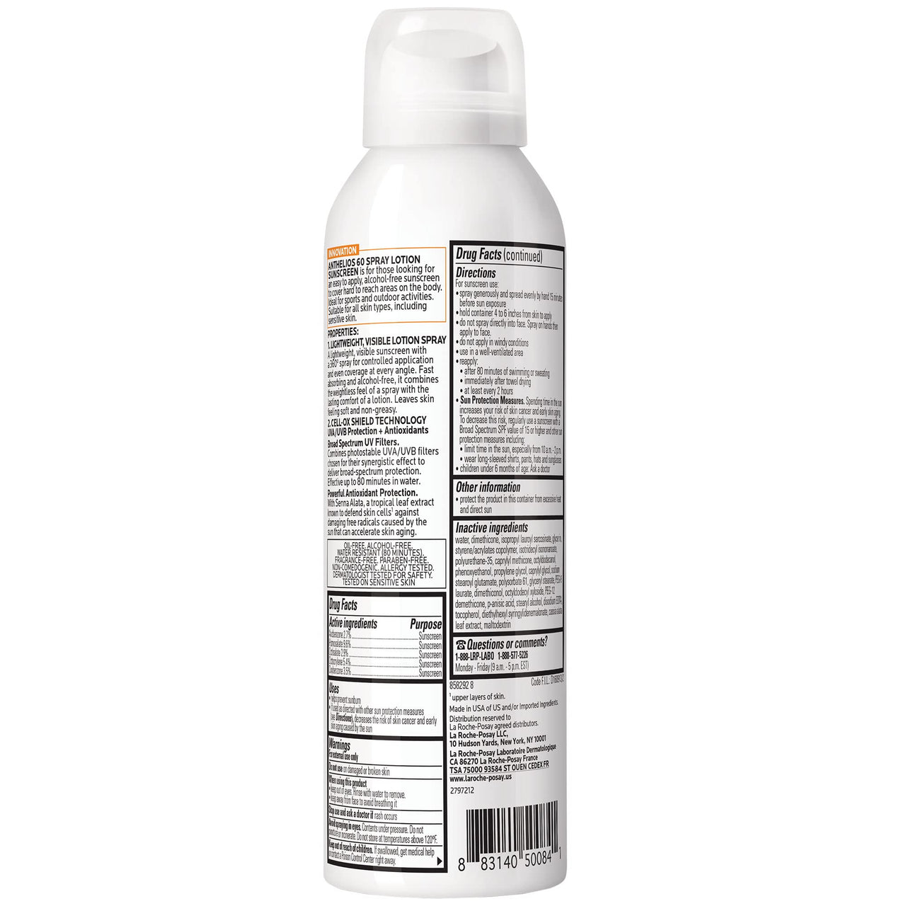 La Roche-Posay Anthelios Ultra-Light Sunscreen Spray Lotion SPF 60, Spray Sunscreen For Face & Body, Broad Spectrum SPF + Antioxidants, Oil Free, Alcohol Free, Water Resistant 80 Min., 5 Fl. Oz.