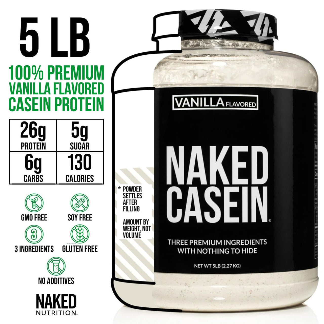 NAKED Casein - Vanilla Micellar Casein Protein - 5 Pound Bulk, NSF Certified, GMO-Free, Gluten-Free, Soy-Free, Preservative-Free - Stimulate Muscle Growth - Enhance Recovery - 61 Servings
