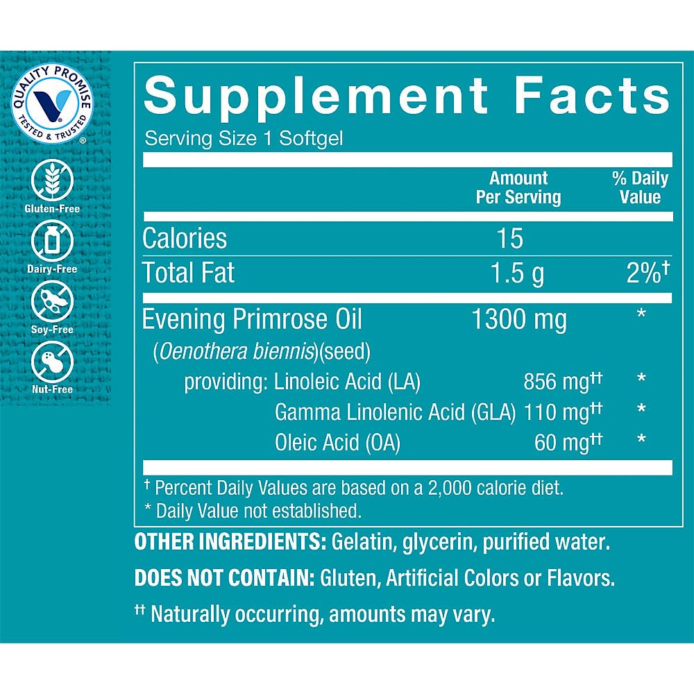 The Vitamin Shoppe Evening Primrose Oil 1300mg - GLA Omega-6 | Women's Hormonal Balance | 120 Softgels | Cold-Pressed