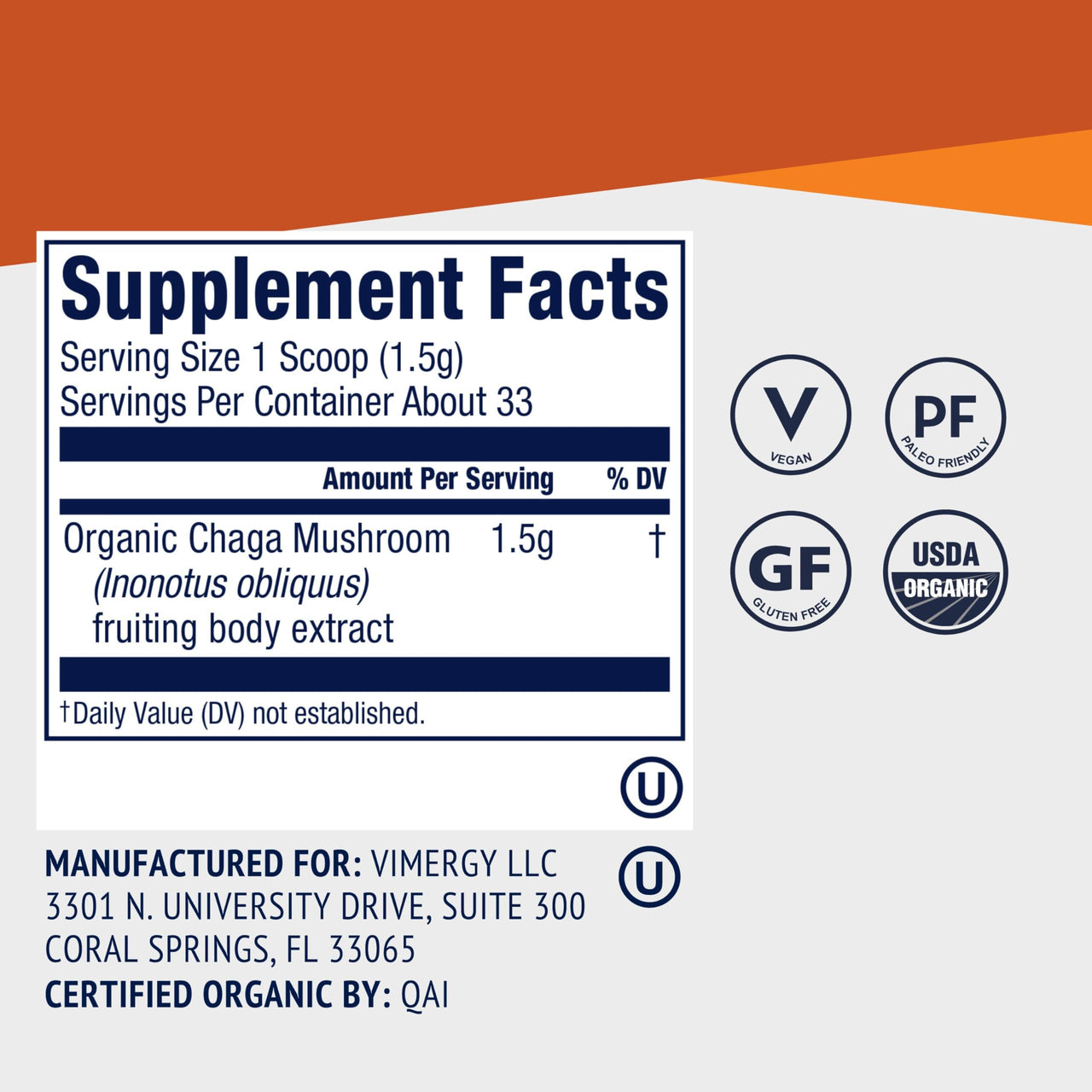 Vimergy Chaga Powder – Superfood Cellular Support* – Benefits Cardiovascular Health* – USDA Certified Organic, Vegan, Gluten-Free – 33 Servings